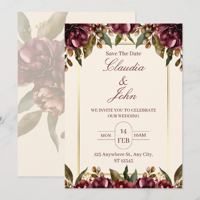 Burgundy Floral Wedding Invitation (Devant / Derrière)