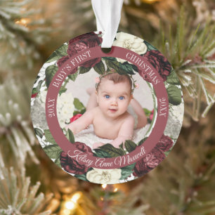 Burgundy Floral Wreath Baby First Christmas Photo