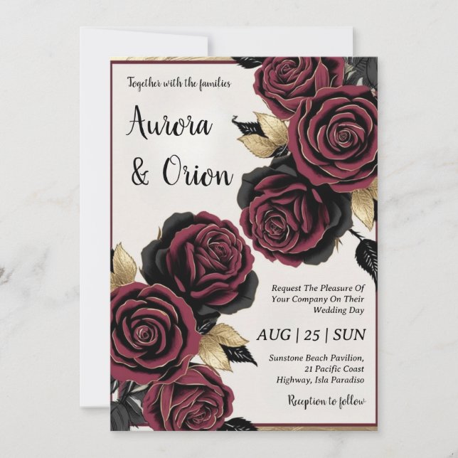 burgundy florale invitations noires et or mariage (Devant)