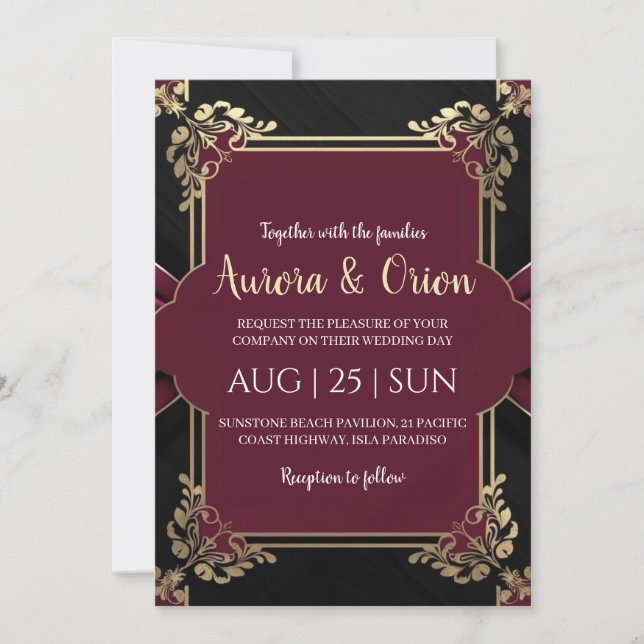 burgundy florale invitations noires et or mariage (Devant)