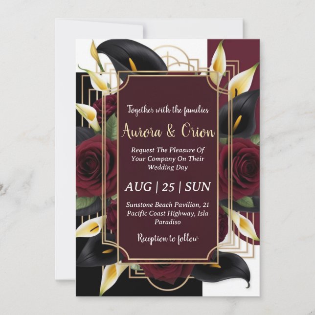 burgundy florale invitations noires et or mariage (Devant)