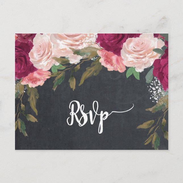 burgundy florals mariage carte postale rsvp (Devant)
