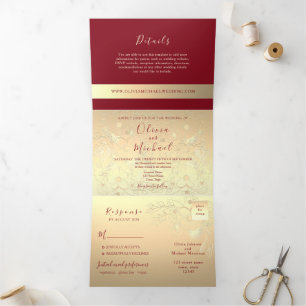 Burgundy Gold 3-en-1 Faire-part de mariage