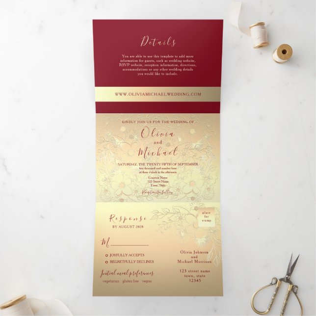 Burgundy Gold 3-en-1 Faire-part de mariage (Intérieur)