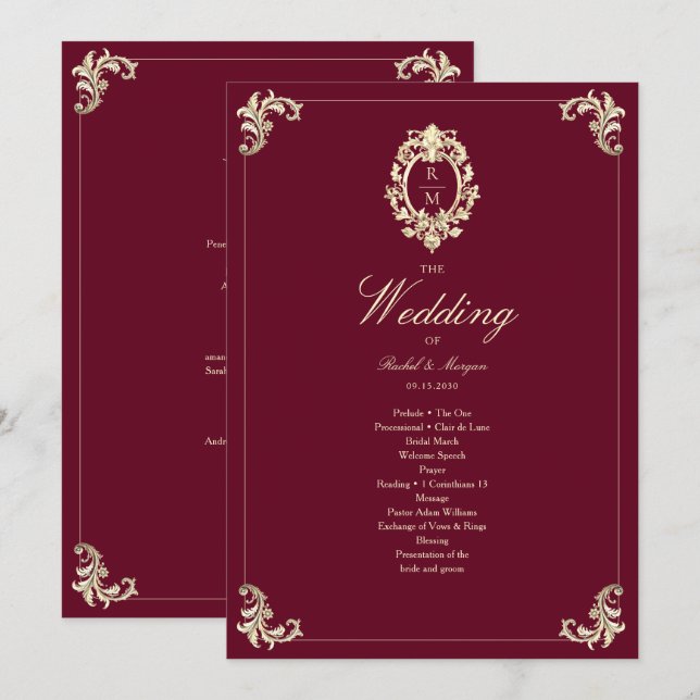 Burgundy Gold Baroque Wedding Ceremony Program (Devant / Derrière)