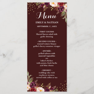 Burgundy Gold Confetti Floral Mariage Menu