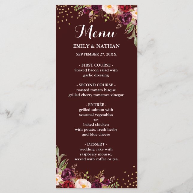 Burgundy Gold Confetti Floral Mariage Menu (Devant)