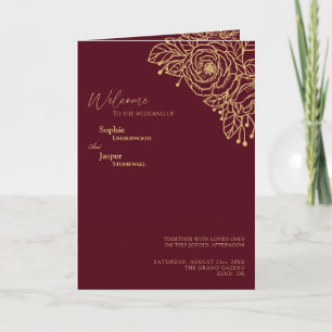Burgundy Gold Floral Mariage Programme plié