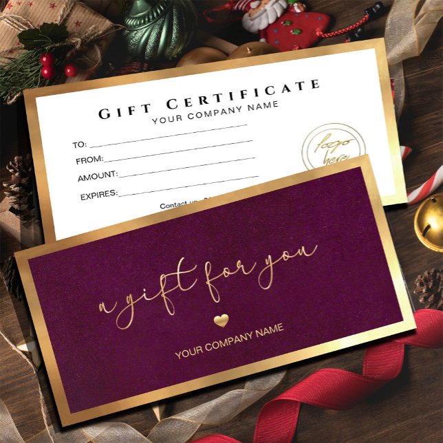 Burgundy Gold Frame Ajouter Logo Certificat cadeau (Give the gift of choice in style! Our Burgundy Gold Frame Gift Card make every moment special)