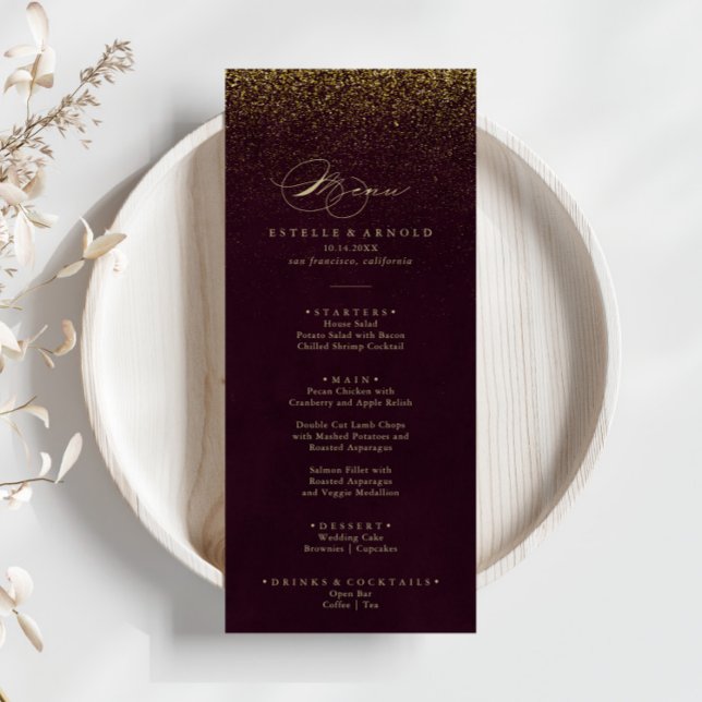 Burgundy Gold Parties scintillant Calligraphy Menu (Créateur téléchargé)