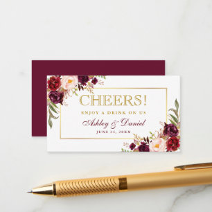 Burgundy Gold Wedding Réception Boire Carte de bil