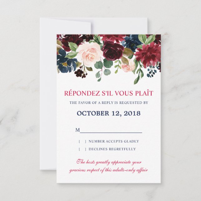 Burgundy Marine Rouge Floral Russe Boho RSVP (Devant)