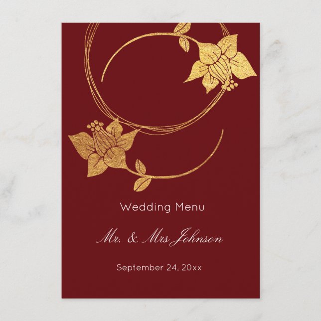 Burgundy Maroon Gold Floral Mariage Menu de l'évén (Devant)