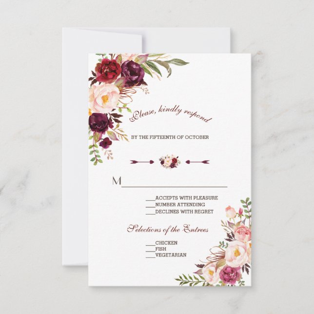 Burgundy Marsala Blush Floral Mariage RSVP (Devant)