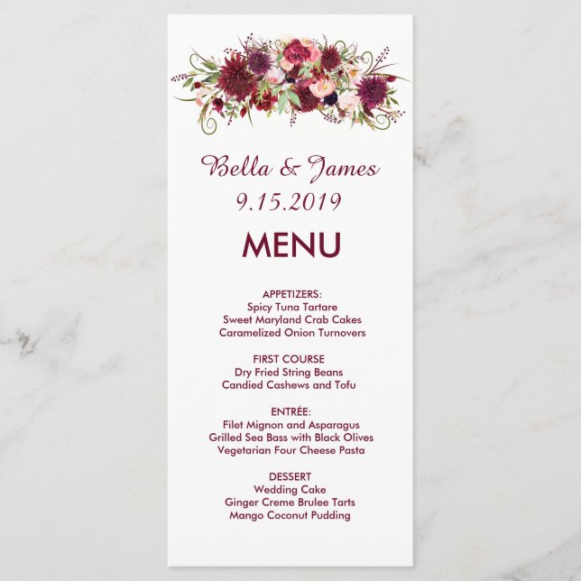 Burgundy Marsala Rouge Floral Menu Mariage (Devant)