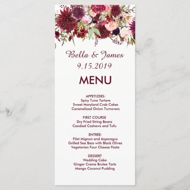 Burgundy Marsala Rouge Floral Menu Mariage (Devant)