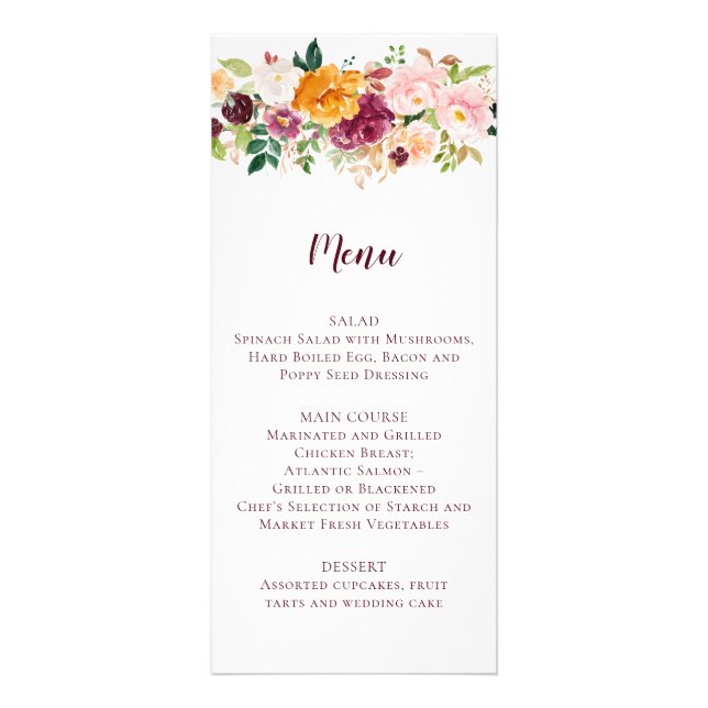 Burgundy Mauve Blush Saffron Floral Wedding Menu (Devant)