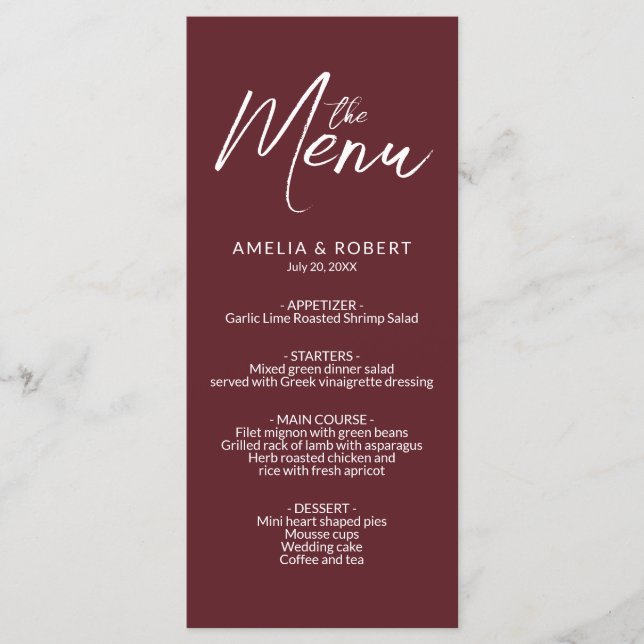 Burgundy Modern Elegant Simple Menu Mariage (Devant)