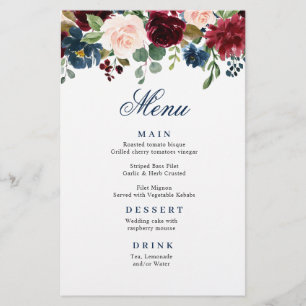 Burgundy Navy Blue Blush Floral Menu Mariage