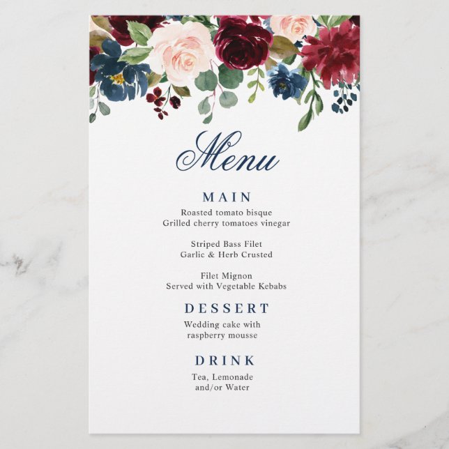 Burgundy Navy Blue Blush Floral Menu Mariage (Devant)