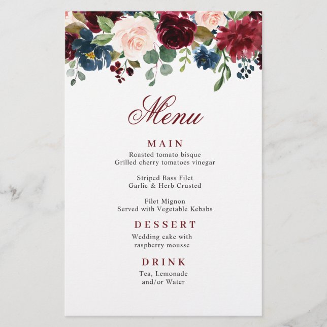 Burgundy Navy Blue Blush Floral Menu Mariage (Devant)