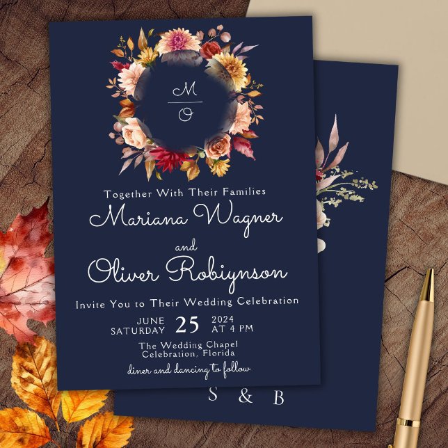 Burgundy Navy Blue Floral Faire-part de mariage (Créateur téléchargé)