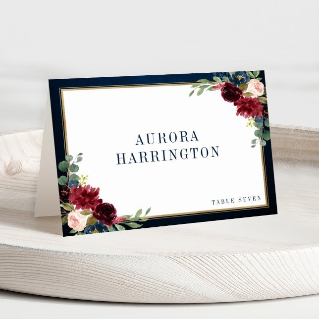 Burgundy Navy Blush Floral Gold Mariage Carte Plac (Burgundy red navy blue floral guest name place card.)