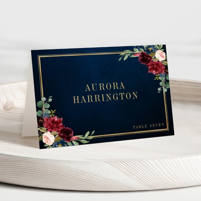 Burgundy Navy Blush Floral Gold Mariage Carte Plac (Créateur téléchargé)