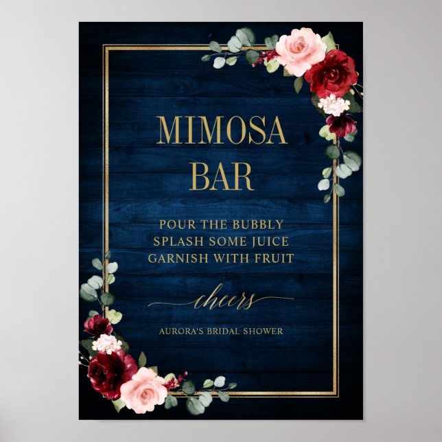 Burgundy Navy Blush Floral Gold Mimosa Bar Poster (Devant)