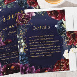 Burgundy Navy Détails du Mariage<br><div class="desc">Utilisez cette fiche dans votre suite d'invitations pour vous renseigner sur les itinéraires, les logements, les souhaits ou les demandes. Le dos est vide, vous pouvez donc télécharger une image ou une carte. Un assemblage de fleurs rouges et violettes bordeaux et profondes ornées de contours dorés chatoyants contre un lave...</div>