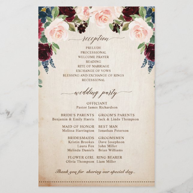 Burgundy Navy Floral Rustic Boho Wedding Programme (Dos)
