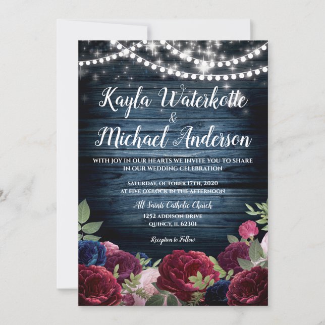 Burgundy & Navy Floral Rustic Wedding Invitation (Devant)