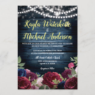 Burgundy & Navy Floral Rustic Wedding Invitation