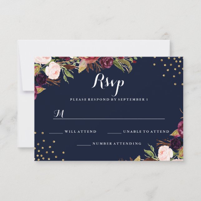 Burgundy Navy Or Confettis Floral Mariage RSVP (Devant)