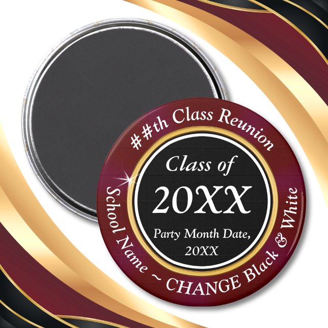Burgundy Noir Blanc, Classe Réunion Magnet Faveurs (Maroon, Black and Gold, High School Reunion Souvenirs. Class Reunion Favors Magnets. Class Reunion.)