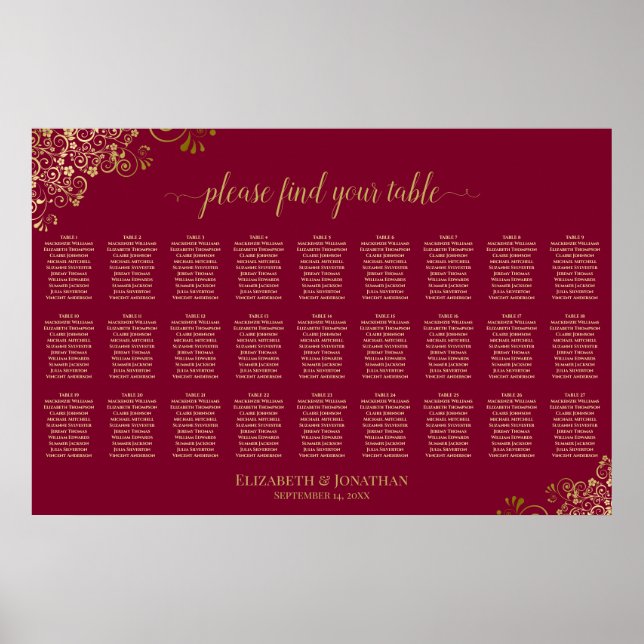 Burgundy & Or 27 Tableau de Plan de Table de Maria (Devant)