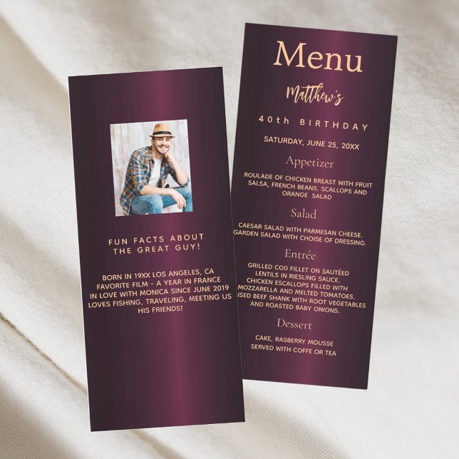 Burgundy or photo fun faits carte de menu d'annive (Créateur téléchargé)