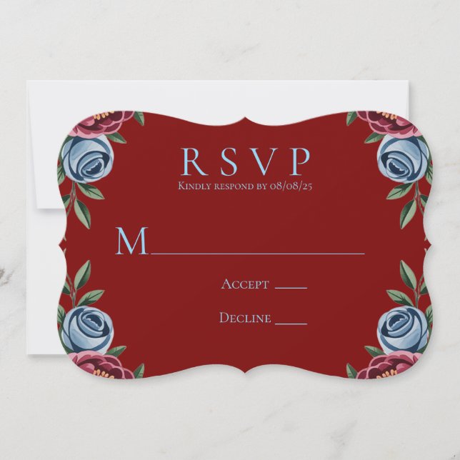 Burgundy Peony et Blue Rose Wedding Carte RSVP (Devant)