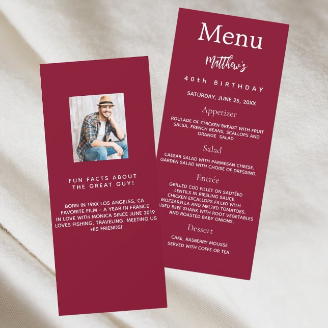 Burgundy photo fun faits carte de menu d'anniversa (Créateur téléchargé)