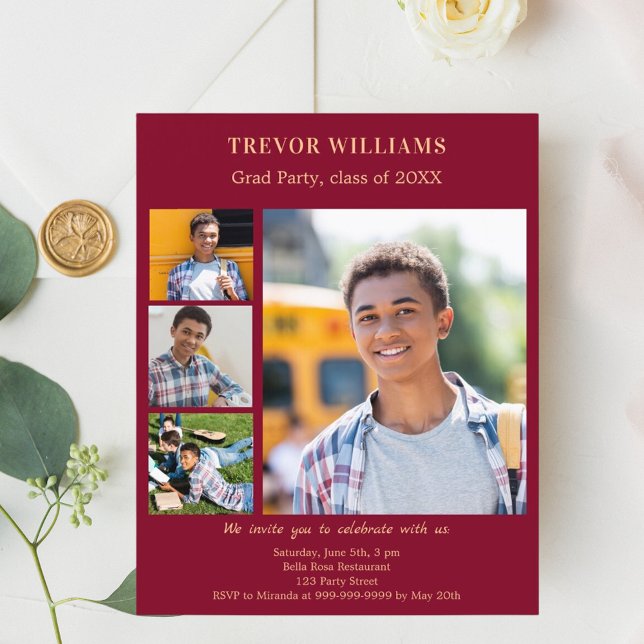Burgundy photo Graduation Party invitation (Créateur téléchargé)