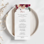 Burgundy Pink Blush Floral Diner Menu<br><div class="desc">Cette carte de menu à la floraison rose bordeaux est parfaite pour un mariage rustique. Le design présente des fleurs rousses bordeaux et roses avec des feuilles verts, inspirant beauté artistique. Ce menu peut être utilisé pour une réception de mariage, un dîner de répétition, une douche nuptiale ou tout événement....</div>