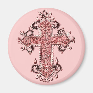 Burgundy Pink Cross Vintage Art Round Magnet !