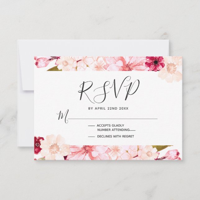 Burgundy & Pink Floral Wedding Réponse RSVP (Devant)