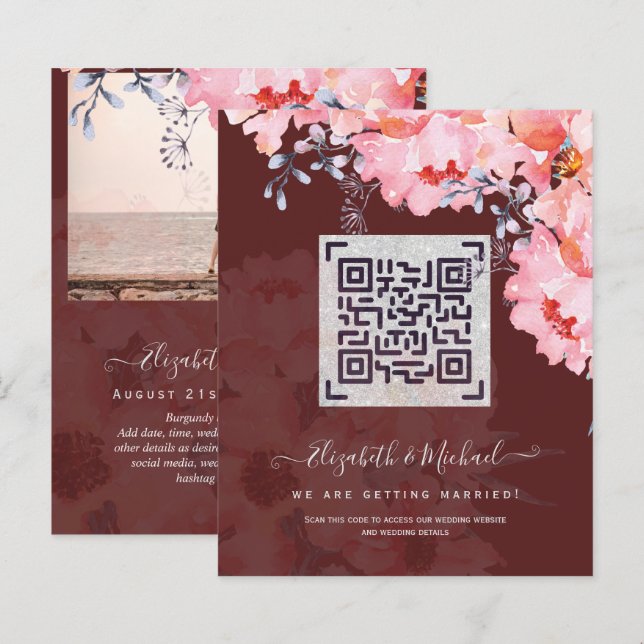 Burgundy QR SCANNING CODE Mariage Site Web Invitat (Devant / Derrière)