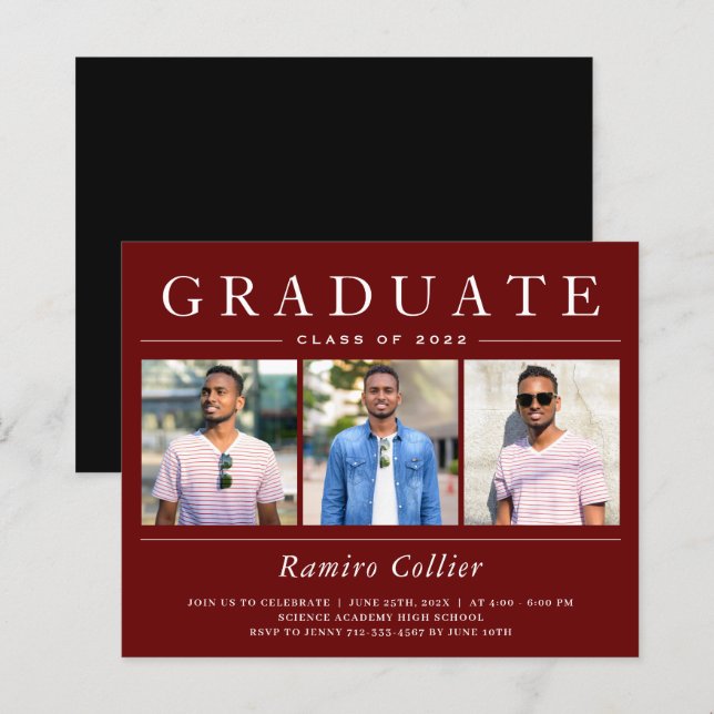 Burgundy Red 3 Photo Graduation Invitations (Devant / Derrière)