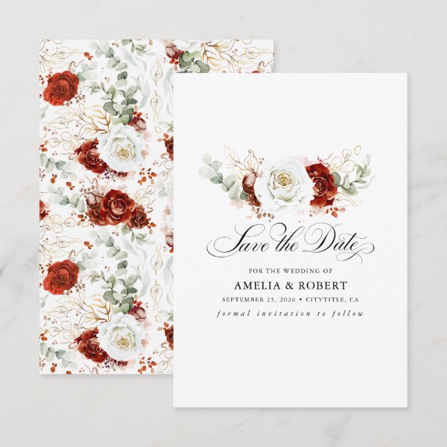 Burgundy Red and White Chic Floral Save the Date (Devant / Derrière)