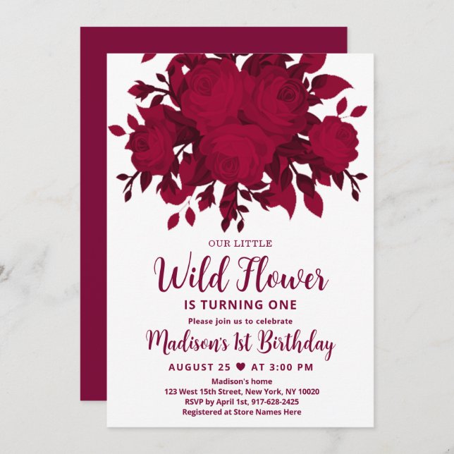 Burgundy Red Blush Fleur sauvage Invitation d'anni (Devant / Derrière)