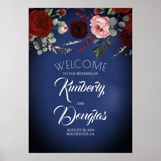 Burgundy Red Floral Navy Blue Mariage Affiche de b (Devant)