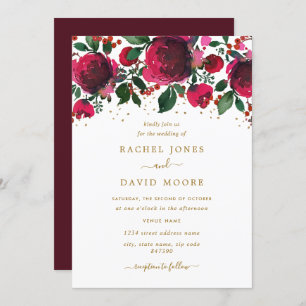 Burgundy Red Gold Floral Faire-part de mariage