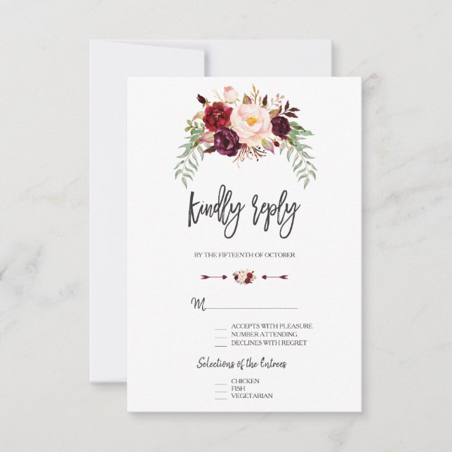 Burgundy Red Marsala Floral Calligraphie RSVP (Devant)